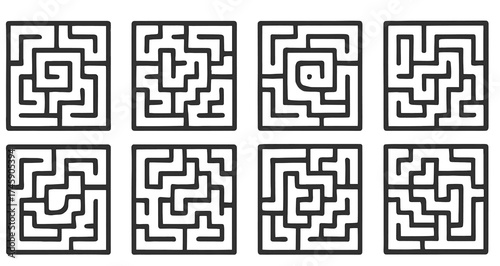 Twelve black and white square labyrinth mazes in grid pattern