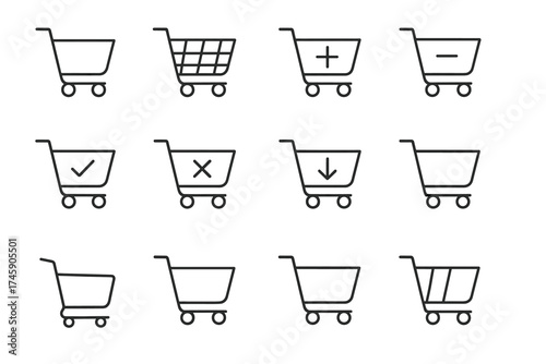 Set of shopping cart icons with various symbols and styles