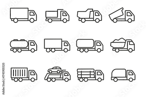 Set of outline truck icons featuring various transport and utility vehicles
