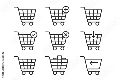 Set of nine shopping cart icons with different functional symbols
