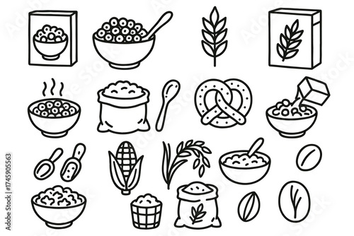 Hand-drawn cereal icons: bowls, grains, corn, and oats in black and white