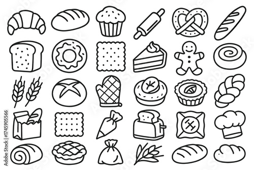 Outline icons of bread, pastries, and baking tools