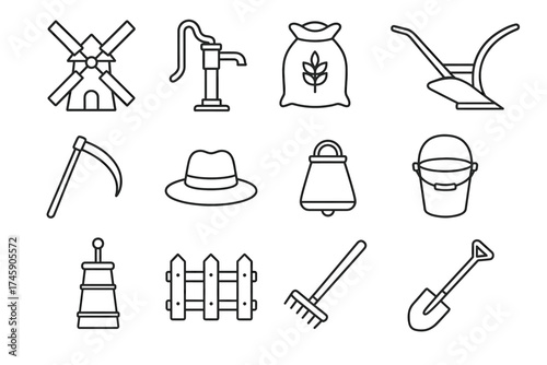 Outline icons of farm equipment including windmill, pump, and tools