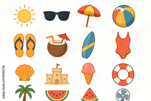 Colorful summer icons: beach, sun, and fun elements for a vibrant getaway