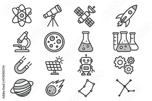 Science and space exploration icons: discovering chemistry, astronomy, and robotics