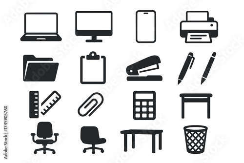 Essential office icons: laptop, phone, printer, desk supplies, furniture