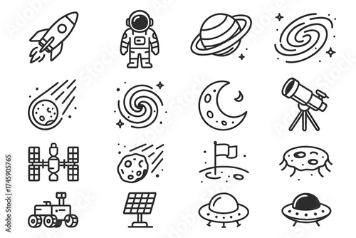 Space exploration icons: rockets, astronaut, planets, telescopes, ufos