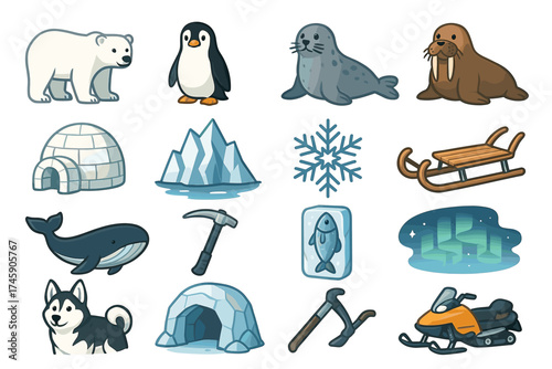 Arctic wildlife and tools: polar bear, walrus, penguin, igloo, aurora, sled, husky, whale