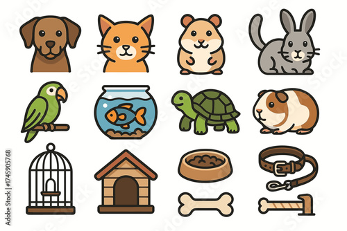 Cute pet icons featuring dogs, cats, hamsters, rabbits, parrots, fish, turtles, and guinea pigs