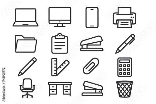 Minimalist office equipment icons: computer, phone, stationery, furniture