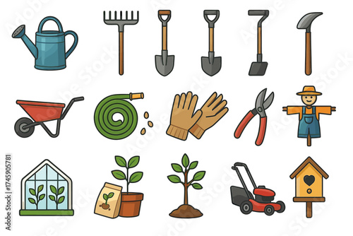 Garden tools and equipment collection: rake, shovel, hose, gloves, lawnmower, scarecrow