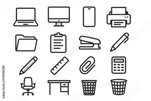 Essential office equipment icons: laptop, printer, stationery, furniture