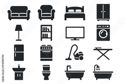 Home appliance and furniture icons set featuring couch, bed, and kitchen appliances
