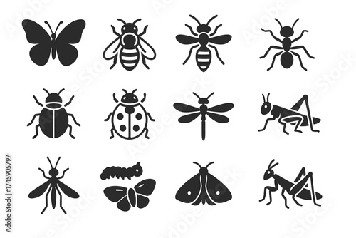 Collection of insect silhouettes featuring butterfly, ant, beetle, dragonfly, and more