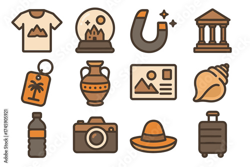 Travel and vacation icons: souvenirs, camera, hat, luggage, magnet, water bottle