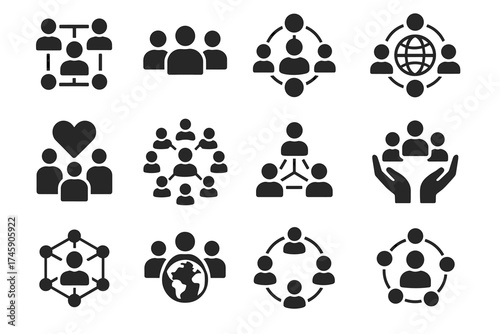 Community and global network icons: social connection and team collaboration symbols