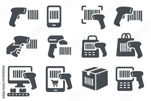 Barcode scanning icons: devices, packages, and shopping illustrations