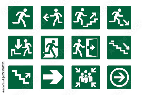 Green emergency exit and evacuation signs collection