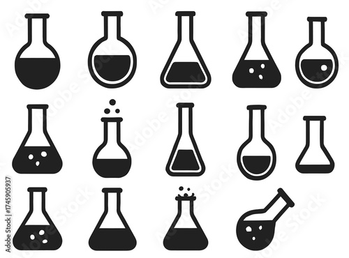 Icon set of chemistry flasks and beakers with various fill levels