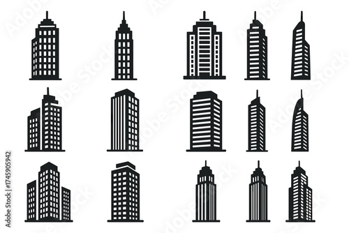 Set of 12 black silhouette skyscrapers on white background