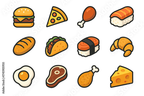 Variety of cartoon food icons including pizza, burger, sushi, and more