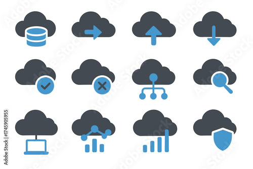Cloud computing icons: data storage, transfer, network, security, and analysis