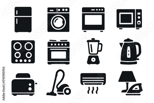 Collection of essential home appliance icons for modern kitchens and living spaces