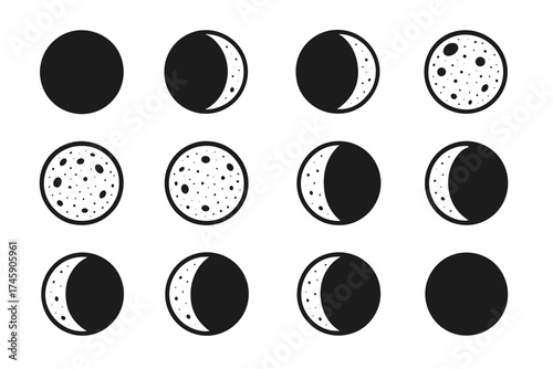 Set of black and white moon phases icons displaying lunar cycle