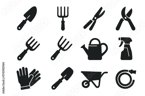 Silhouette icons of essential gardening tools for home and professional use