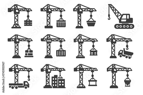 Collection of industrial crane icons featuring various construction scenarios