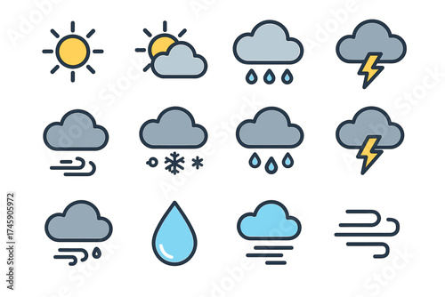 Weather icons set: sun, clouds, rain, snow, thunder, wind symbols