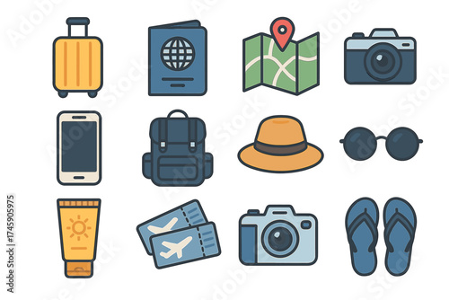 Travel essentials: luggage, passport, map, camera, phone, backpack, hat, sunglasses, sunscreen, tickets, flip-flops