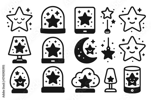 Collection of cute star and moon icons in black and white design