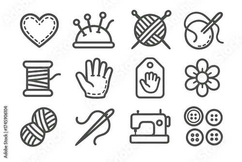 Sewing and knitting icons: needles, yarn, machine, spool, buttons, heart, flower