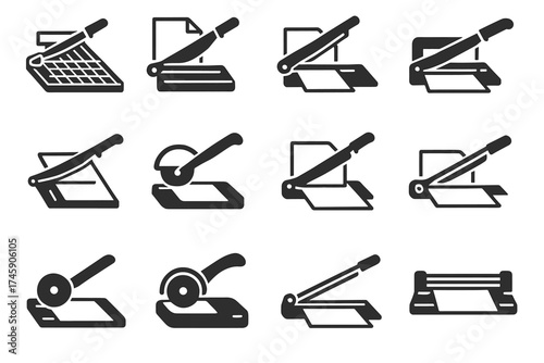 Icon set of various paper cutter types in black and white