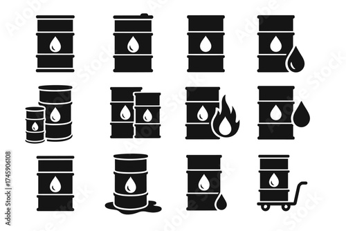 Oil barrel icon set: diverse industrial symbols for black silhouette design