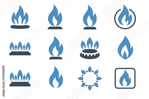 Set of blue and gray gas flame icons representing different shapes and styles