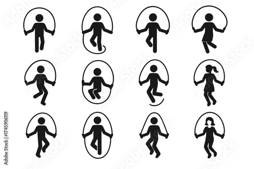 Transparent silhouette icons of people skipping rope in various poses and styles
