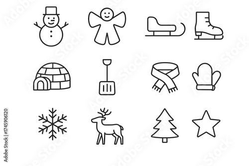 Winter icons: snowman, sled, ice skate, igloo, scarf, mitten, snowflake, reindeer, tree, star