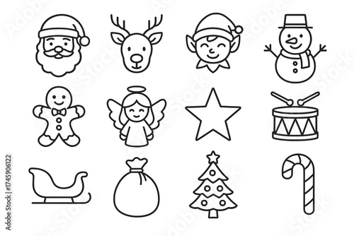 Festive holiday icons featuring santa, snowman, reindeer, elf, and christmas symbols