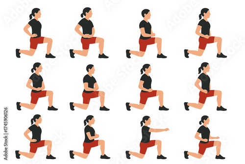Caucasian female exercising: lunges and kneeling poses for fitness training