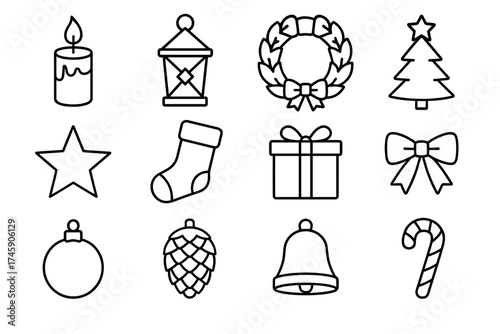 Christmas icons: candle, lantern, wreath, tree, star, stocking, gift, bow, ornament, pinecone, bell, candy cane