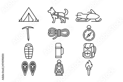 Camping and hiking gear icons: tent, dog, snowmobile, rope, compass, and more