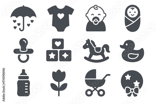 Baby essentials icons set: toys, clothing, and infant supplies