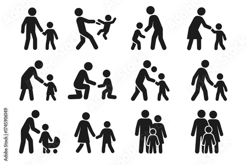 Silhouette icons of adult-child interactions: parenting, care, guidance, and family