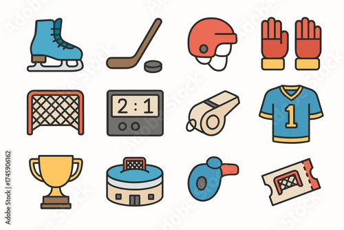 Ice hockey equipment icons: skates, helmet, gloves, and more