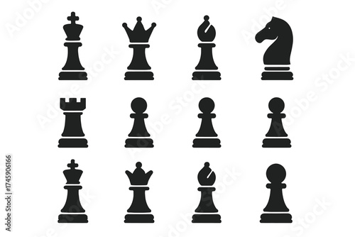 Silhouettes of chess pieces in black: king, queen, bishop, knight, rook, pawn