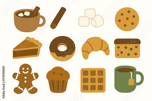 Assorted brown baked treats and beverages with marshmallows and cinnamon