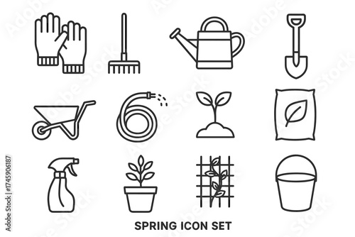 Spring gardening icon set: gloves, watering can, shovel, and more in black outline style