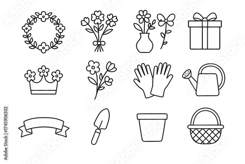Set of gardening icons: tools, flowers, and gifts for plant enthusiasts